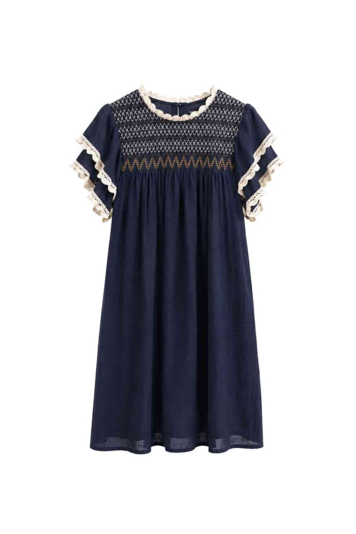 Vestido Mujer con Bordado Decorativo, Manga Corta con Volantes y Detalles de Encaje, Estilo Boho Casual FBZMR22487