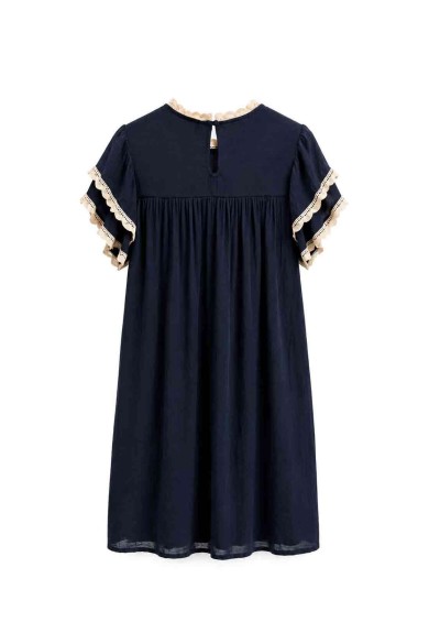 Vestido Mujer con Bordado Decorativo, Manga Corta con Volantes y Detalles de Encaje, Estilo Boho Casual FBZMR22487
