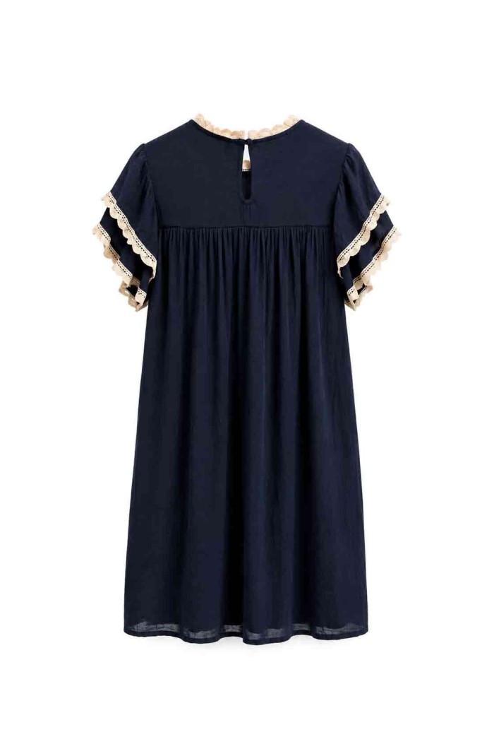 Vestido Mujer con Bordado Decorativo, Manga Corta con Volantes y Detalles de Encaje, Estilo Boho Casual FBZMR22487