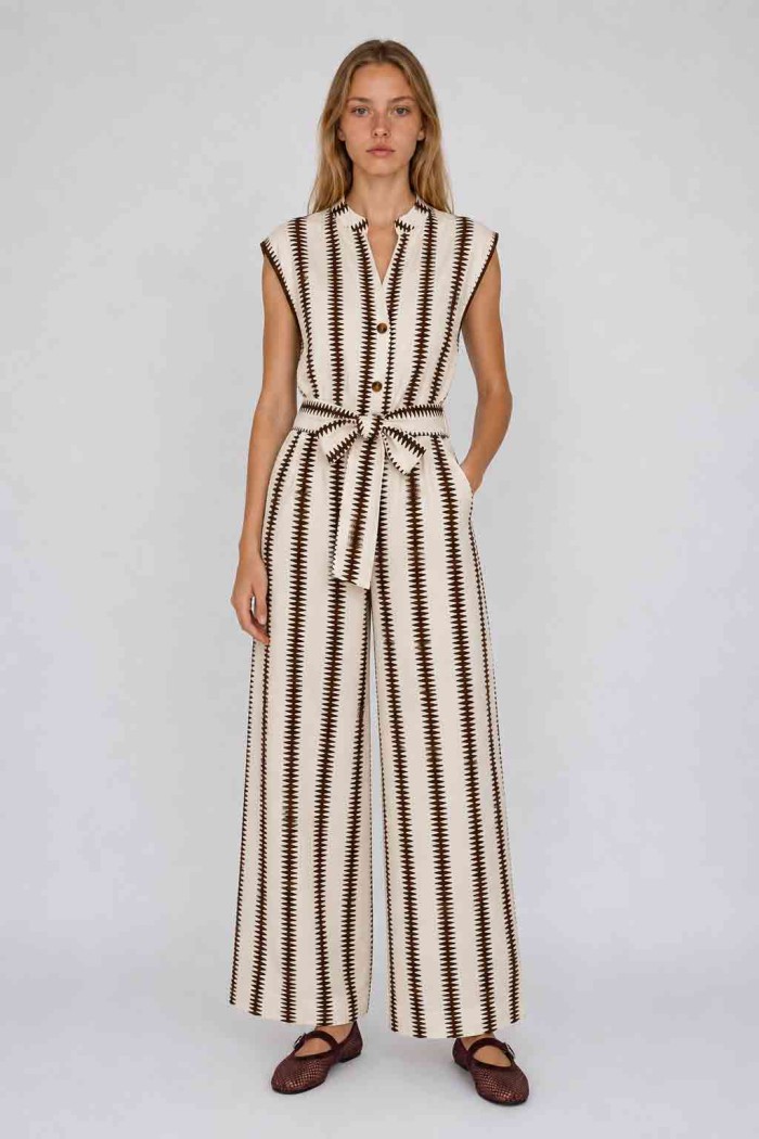 Chaleco Largo Mujer Estampado con Botones y Cinturón, Diseño Sin Mangas Estilo Casual Elegante FBZMR22609