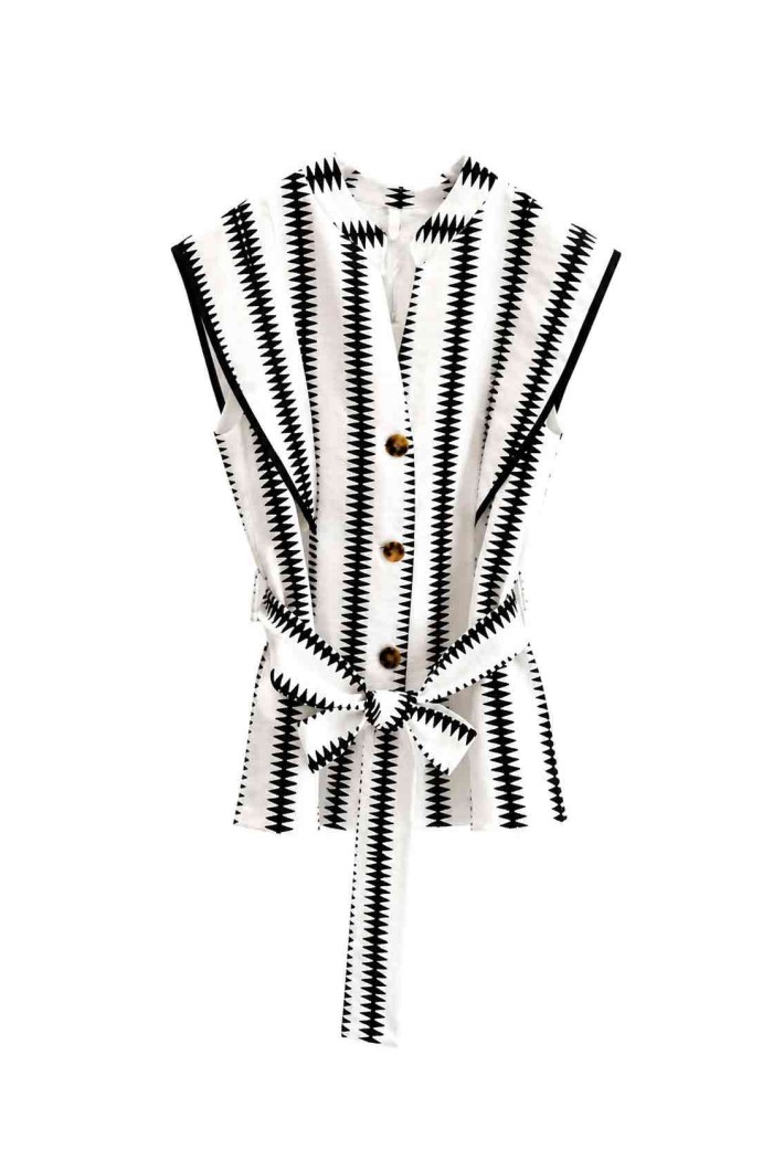 Chaleco Largo Mujer Estampado con Botones y Cinturón, Diseño Sin Mangas Estilo Casual Elegante FBZMR22608