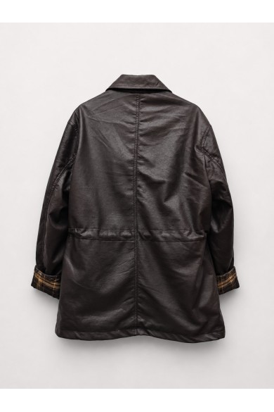 Chaqueta Mujer de Polipiel con Botones, Bolsillos Utility, Cintura Ajustable y Detalle de Cuadros en Puños -M9538 MARRON