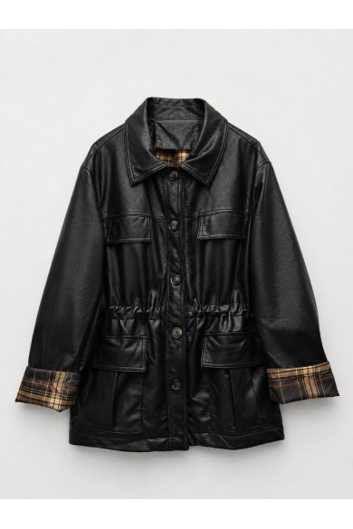 Chaqueta Mujer de Polipiel con Botones, Bolsillos Utility, Cintura Ajustable y Detalle de Cuadros en Puños TY-M9538 NEGR0