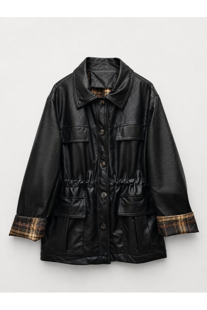 Chaqueta Mujer de Polipiel con Botones, Bolsillos Utility, Cintura Ajustable y Detalle de Cuadros en Puños TY-M9538 NEGR0
