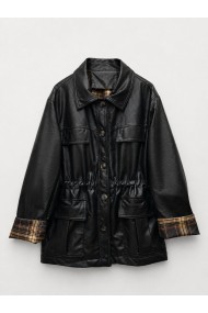 Chaqueta Mujer de Polipiel con Botones, Bolsillos Utility, Cintura Ajustable y Detalle de Cuadros en Puños TY-M9538 NEGR0