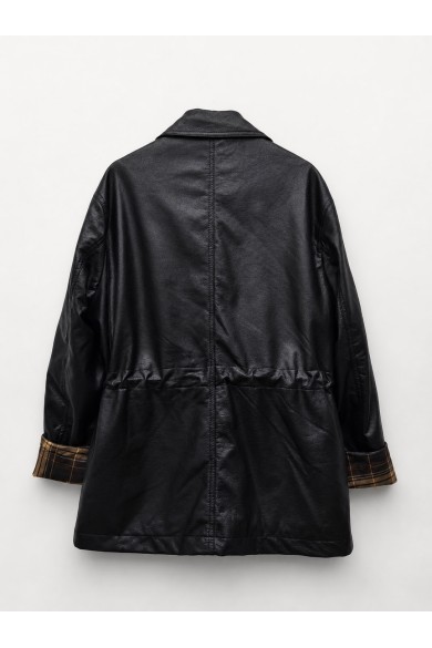 Chaqueta Mujer de Polipiel con Botones, Bolsillos Utility, Cintura Ajustable y Detalle de Cuadros en Puños TY-M9538 NEGR0