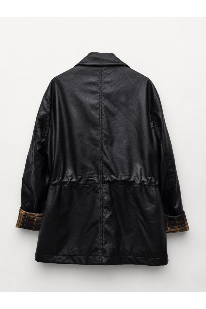 Chaqueta Mujer de Polipiel con Botones, Bolsillos Utility, Cintura Ajustable y Detalle de Cuadros en Puños TY-M9538 NEGR0