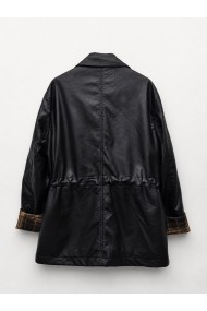 Chaqueta Mujer de Polipiel con Botones, Bolsillos Utility, Cintura Ajustable y Detalle de Cuadros en Puños TY-M9538 NEGR0