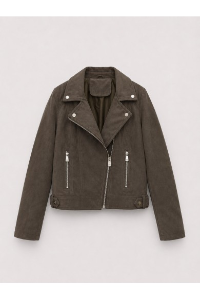 Chaqueta Biker Mujer de Antelina con Cremallera Asimétrica, Bolsillos con Cremallera y Detalles Metálicos KAKI TY-M9212