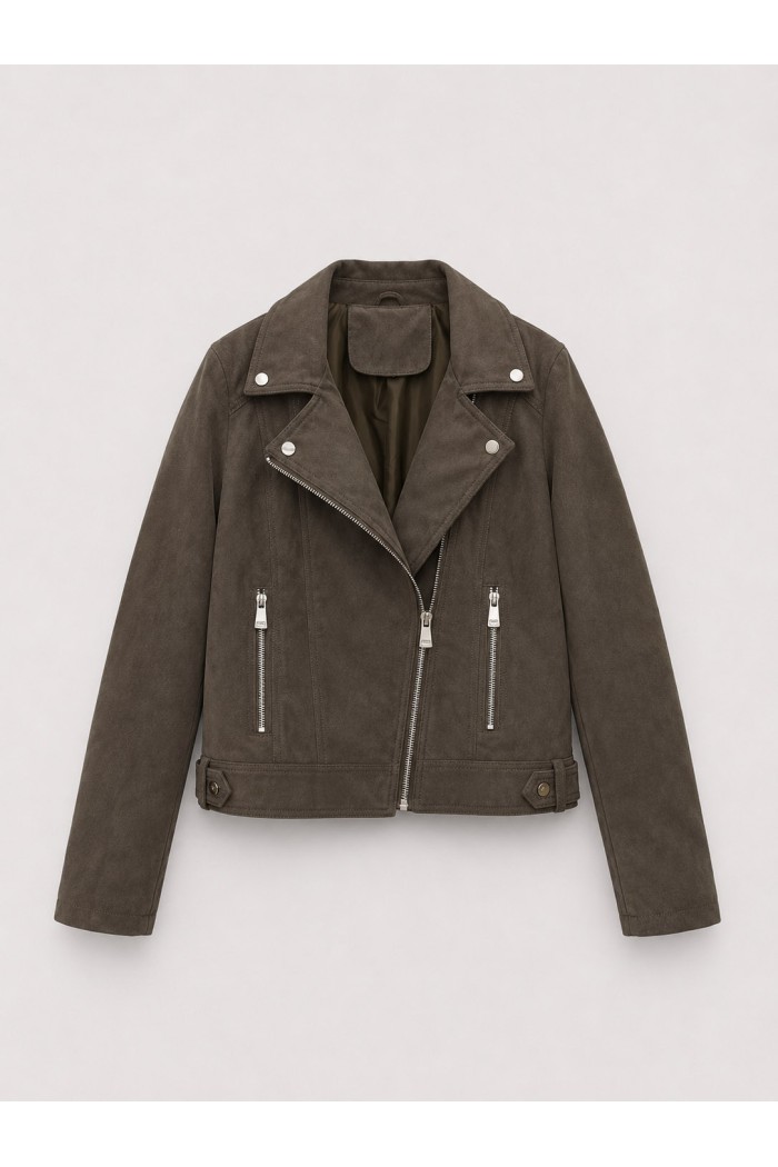Chaqueta Biker Mujer de Antelina con Cremallera Asimétrica, Bolsillos con Cremallera y Detalles Metálicos KAKI TY-M9212