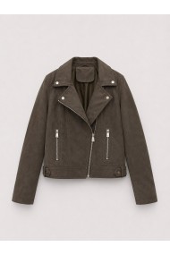 Chaqueta Biker Mujer de Antelina con Cremallera Asimétrica, Bolsillos con Cremallera y Detalles Metálicos KAKI TY-M9212
