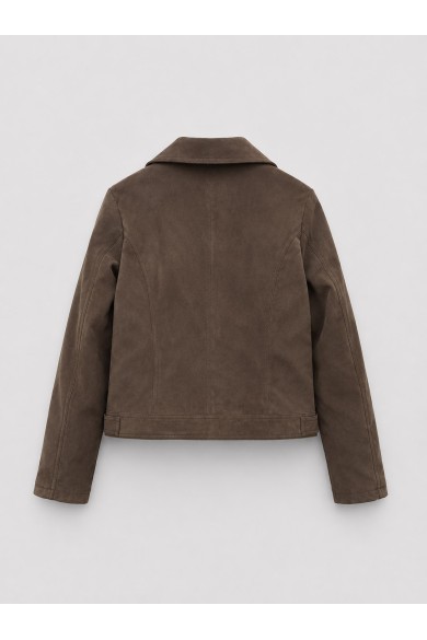 Chaqueta Biker Mujer de Antelina con Cremallera Asimétrica, Bolsillos con Cremallera y Detalles Metálicos COFFEE TY-M9212