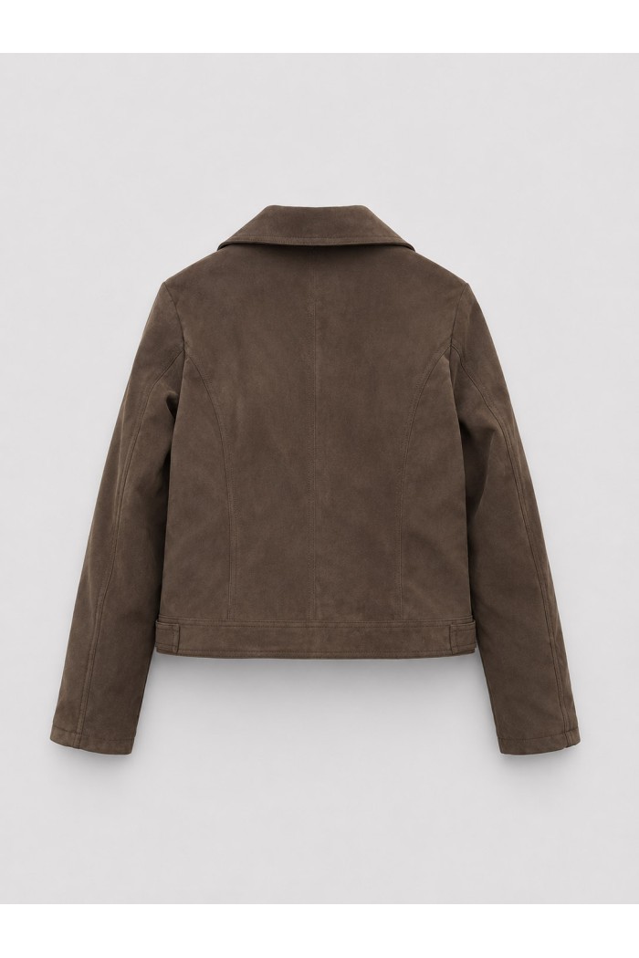Chaqueta Biker Mujer de Antelina con Cremallera Asimétrica, Bolsillos con Cremallera y Detalles Metálicos COFFEE TY-M9212