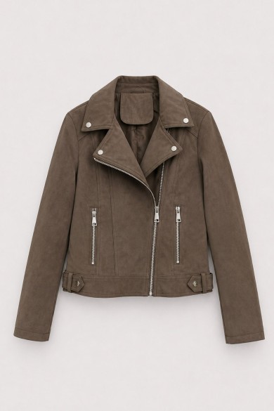 Chaqueta Biker Mujer de Antelina con Cremallera Asimétrica, Bolsillos con Cremallera y Detalles Metálicos COFFEE TY-M9212