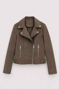 Chaqueta Biker Mujer de Antelina con Cremallera Asimétrica, Bolsillos con Cremallera y Detalles Metálicos COFFEE TY-M9212