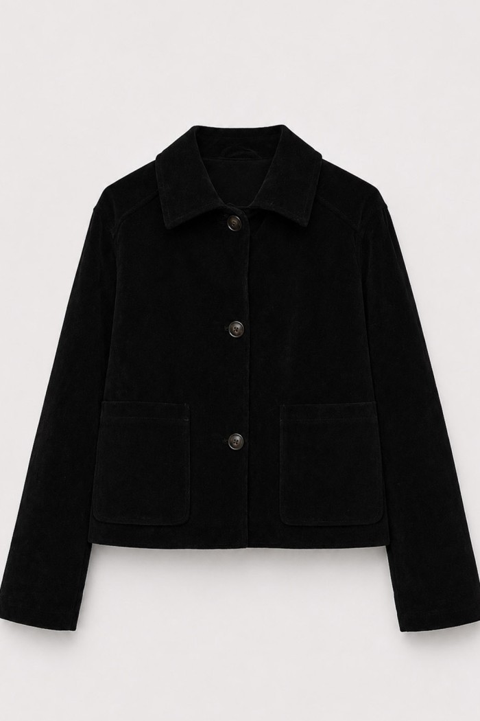 Chaqueta Mujer de Antelina con Botones, Cuello Camisero y Bolsillos Frontales, Estilo Casual Negro TY-M9210