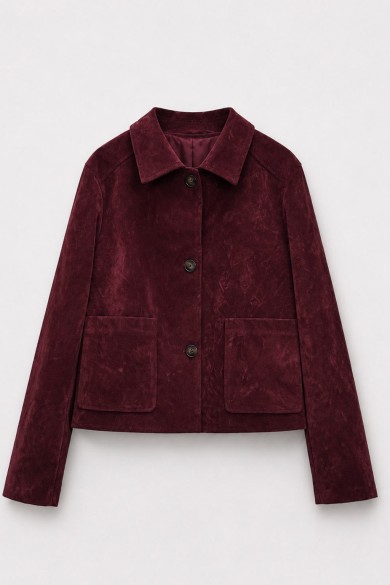 Chaqueta Mujer de Antelina con Botones, Cuello Camisero y Bolsillos Frontales, Estilo Casual Rojo Vino TY-M9210