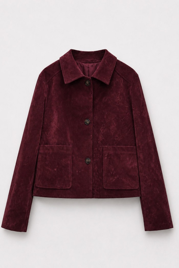 Chaqueta Mujer de Antelina con Botones, Cuello Camisero y Bolsillos Frontales, Estilo Casual Rojo Vino TY-M9210