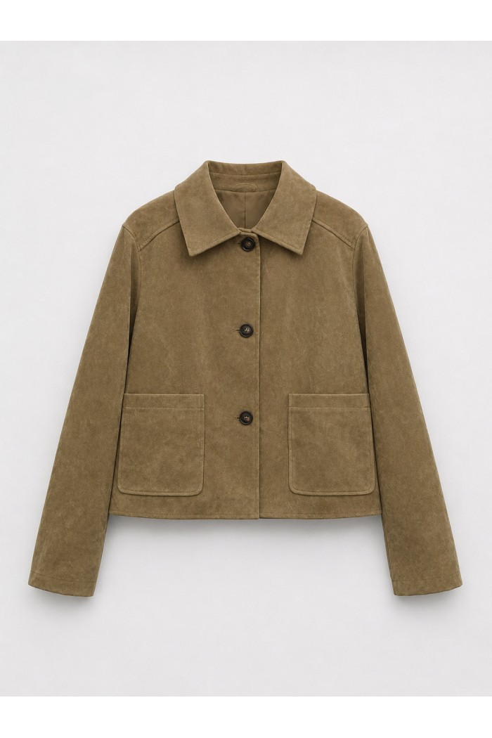 Chaqueta Mujer de Antelina con Botones, Cuello Camisero y Bolsillos Frontales, Estilo Casual Camel TY-M9210