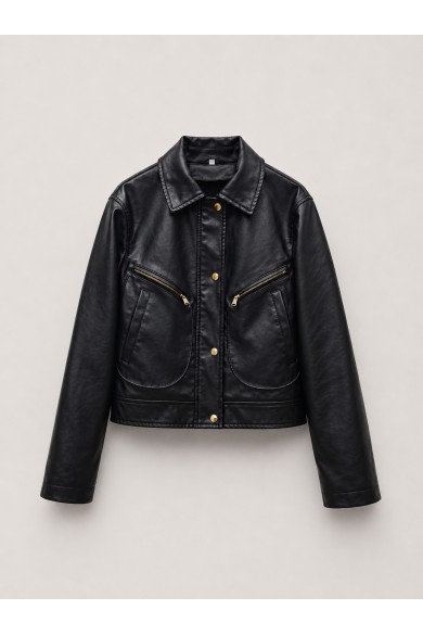 Chaqueta Mujer de Polipiel con Botones Metálicos, Cuello Camisero y Bolsillos con Cremallera Negro TY-M9313
