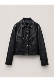Chaqueta Mujer de Polipiel con Botones Metálicos, Cuello Camisero y Bolsillos con Cremallera Negro TY-M9313