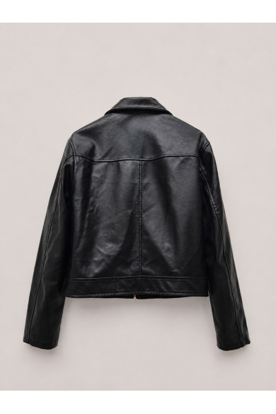 Chaqueta Mujer de Polipiel con Botones Metálicos, Cuello Camisero y Bolsillos con Cremallera Negro TY-M9313
