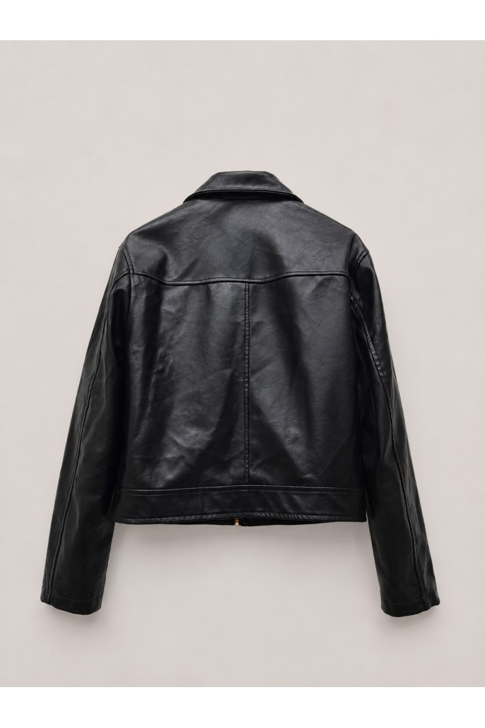 Chaqueta Mujer de Polipiel con Botones Metálicos, Cuello Camisero y Bolsillos con Cremallera Negro TY-M9313