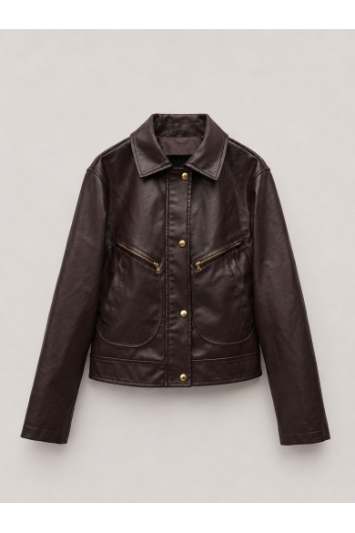 Chaqueta Mujer de Polipiel con Botones Metálicos, Cuello Camisero y Bolsillos con Cremallera Marron TY-M9313