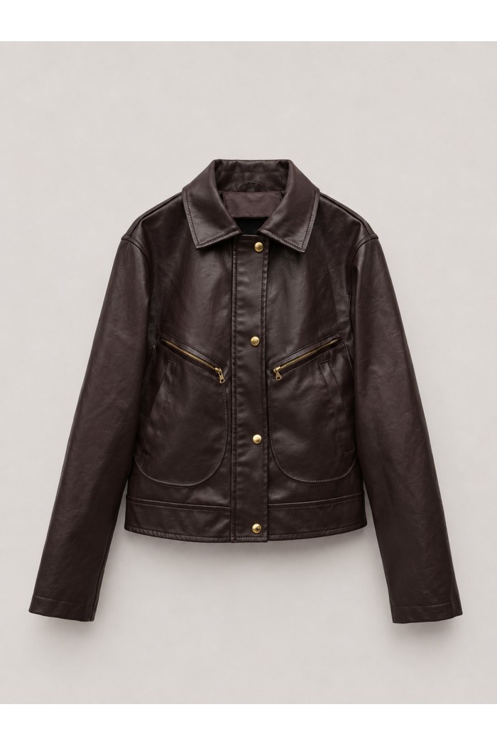 Chaqueta Mujer de Polipiel con Botones Metálicos, Cuello Camisero y Bolsillos con Cremallera Marron TY-M9313