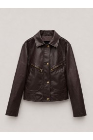 Chaqueta Mujer de Polipiel con Botones Metálicos, Cuello Camisero y Bolsillos con Cremallera Marron TY-M9313