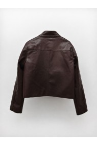 Chaqueta Mujer de Polipiel con Botones Metálicos, Cuello Camisero y Bolsillos con Cremallera Marron TY-M9313