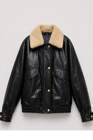Chaqueta Bomber Mujer de Polipiel con Cuello Borrreguito, Bolsillos con Solapa y Cierre Frontal Negro TY-M9303