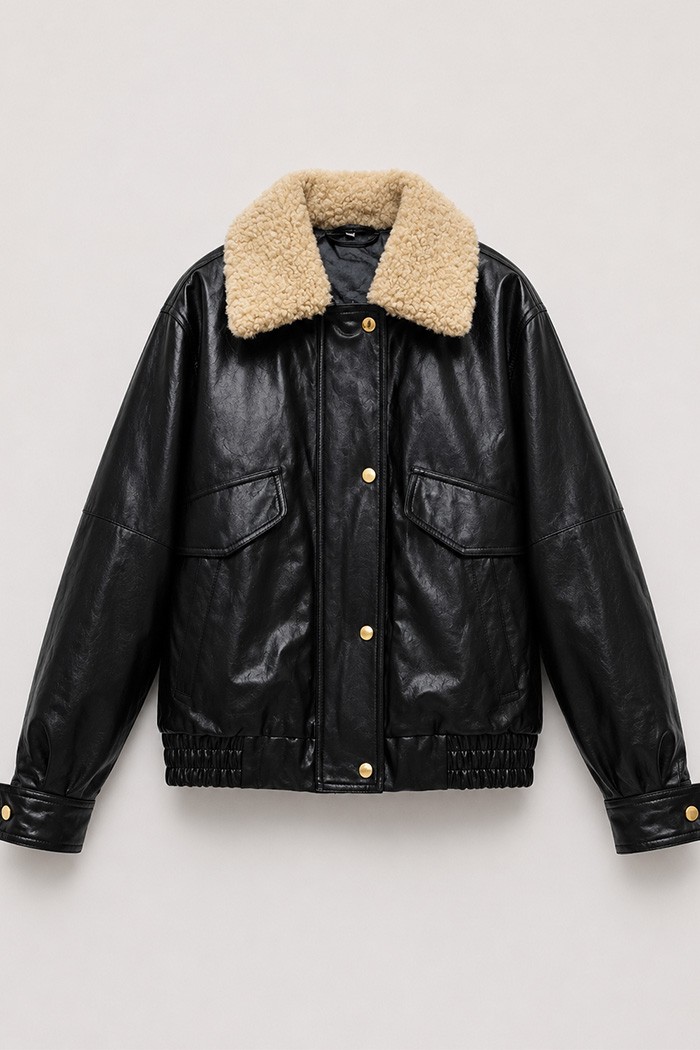 Chaqueta Bomber Mujer de Polipiel con Cuello Borrreguito, Bolsillos con Solapa y Cierre Frontal Negro TY-M9303