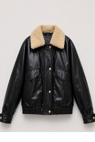 Chaqueta Bomber Mujer de Polipiel con Cuello Borrreguito, Bolsillos con Solapa y Cierre Frontal Negro TY-M9303