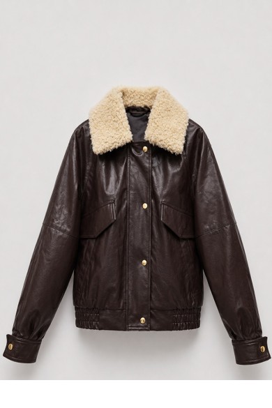 Chaqueta Bomber Mujer de Polipiel con Cuello Borrreguito, Bolsillos con Solapa y Cierre Frontal Burdeo TY-M9303
