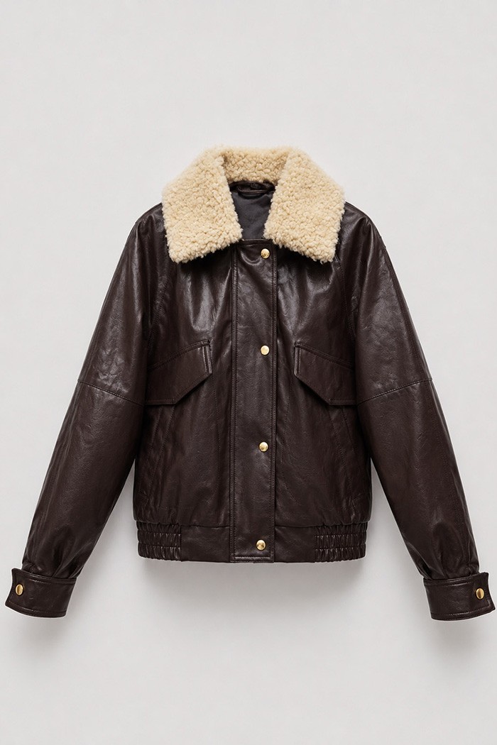 Chaqueta Bomber Mujer de Polipiel con Cuello Borrreguito, Bolsillos con Solapa y Cierre Frontal Burdeo TY-M9303