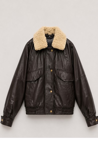 Chaqueta Bomber Mujer de Polipiel con Cuello Borrreguito, Bolsillos con Solapa y Cierre Frontal Marron TY-M9303