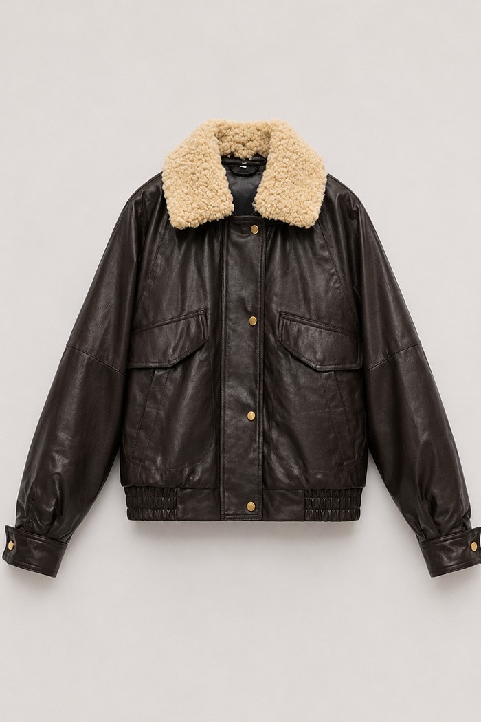 Chaqueta Bomber Mujer de Polipiel con Cuello Borrreguito, Bolsillos con Solapa y Cierre Frontal Marron TY-M9303
