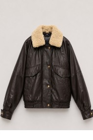 Chaqueta Bomber Mujer de Polipiel con Cuello Borrreguito, Bolsillos con Solapa y Cierre Frontal Marron TY-M9303
