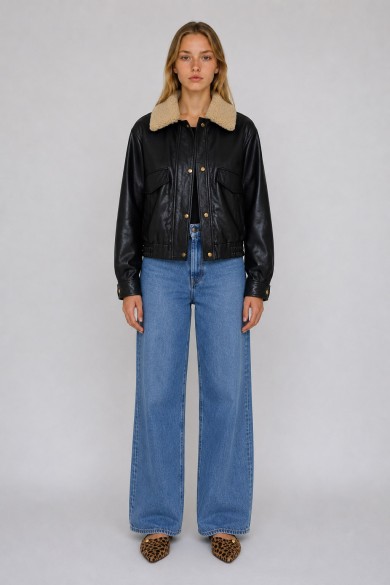 Chaqueta Bomber Mujer de Polipiel con Cuello Borrreguito, Bolsillos con Solapa y Cierre Frontal Negro TY-M9303