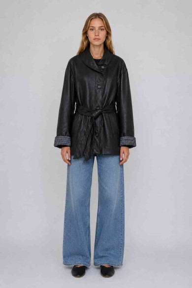 Chaqueta Larga Mujer de Polipiel con Cinturón, Cuello Alto y Puños de Cuadros, Estilo Casual Elegante TY-M9539
