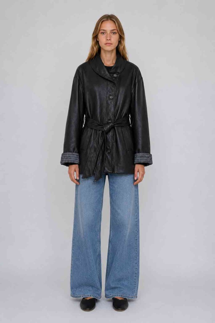 Chaqueta Larga Mujer de Polipiel con Cinturón, Cuello Alto y Puños de Cuadros, Estilo Casual Elegante TY-M9539