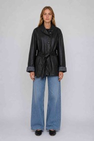 Chaqueta Larga Mujer de Polipiel con Cinturón, Cuello Alto y Puños de Cuadros, Estilo Casual Elegante TY-M9539