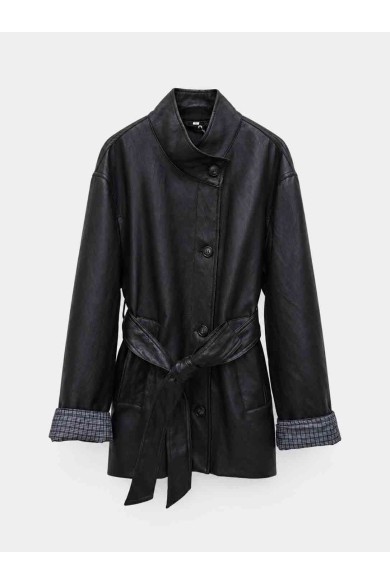 Chaqueta Larga Mujer de Polipiel con Cinturón, Cuello Alto y Puños de Cuadros, Estilo Casual Elegante TY-M9539