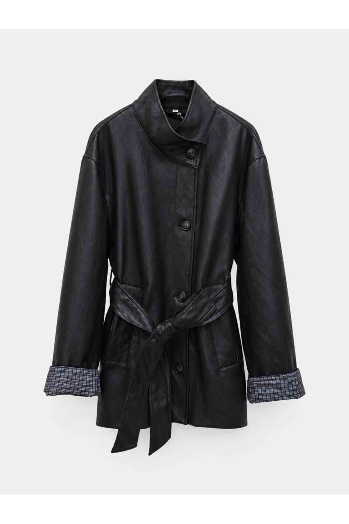 Chaqueta Larga Mujer de Polipiel con Cinturón, Cuello Alto y Puños de Cuadros, Estilo Casual Elegante TY-M9539