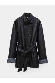 Chaqueta Larga Mujer de Polipiel con Cinturón, Cuello Alto y Puños de Cuadros, Estilo Casual Elegante TY-M9539