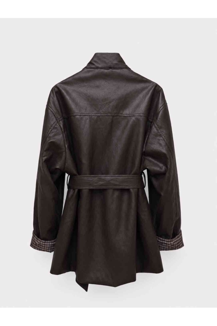 Chaqueta Larga Mujer de Polipiel con Cinturón, Cuello Alto y Puños de Cuadros, Estilo Casual Elegante TY-M9539