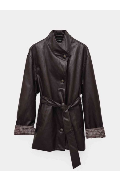 Chaqueta Larga Mujer de Polipiel con Cinturón, Cuello Alto y Puños de Cuadros, Estilo Casual Elegante TY-M9539