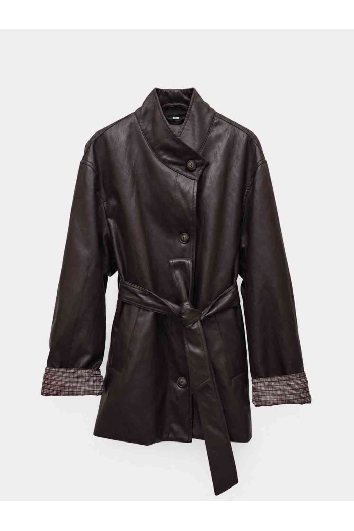 Chaqueta Larga Mujer de Polipiel con Cinturón, Cuello Alto y Puños de Cuadros, Estilo Casual Elegante TY-M9539