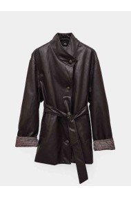 Chaqueta Larga Mujer de Polipiel con Cinturón, Cuello Alto y Puños de Cuadros, Estilo Casual Elegante TY-M9539